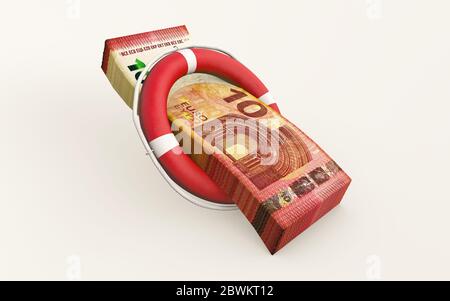 Rendering 3d concetto di budget per risparmiare denaro con una cintura di salvataggio 3d isolata Foto Stock