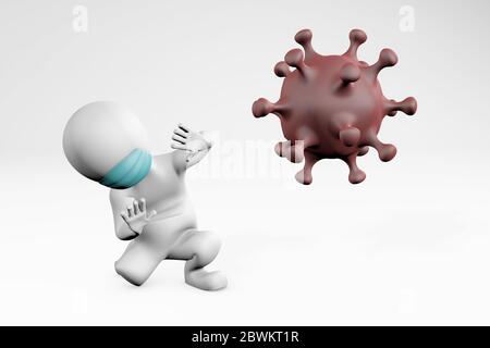 uomo grasso in quarantena indossando maschera medica che ha paura dalla malattia 3d rendering Foto Stock