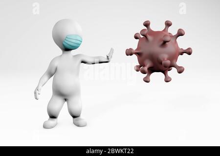 uomo grasso in quarantena indossando una maschera medica che arresta la malattia di coronavirus 3d rendering Foto Stock