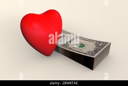 Forma del cuore rosso vicino ad un wad di soldi noi dollari americani. Illustrazione della coesistenza tra amore e denaro. Equilibrio lavoro-vita. Concetto aziendale. Foto Stock
