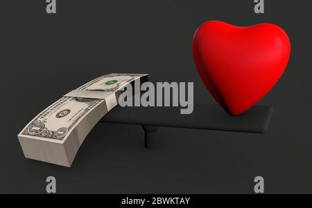 Un cuore rosso con un'ira di soldi noi dollari su una segrete. Concorrenza tra amore o vita e denaro o affari, dove prevale il denaro. Bilanciamento vita-lavoro Foto Stock