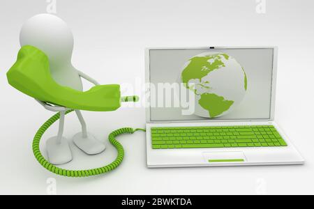 Uomo talkng sul telefono connesso a Internet. Rendering 3D. Foto Stock