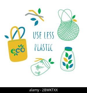 Set di rifiuti zero. Eco sacchetti e altre cose contro la plastica. Illustrazione vettoriale in stile piatto Illustrazione Vettoriale