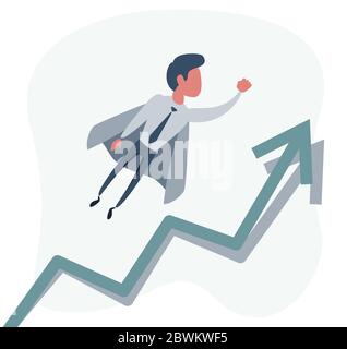 Grafico piatto super uomo d'affari che porta il business fino al cielo. Successo aziendale e concetto di leadership. Illustrazione Vettoriale