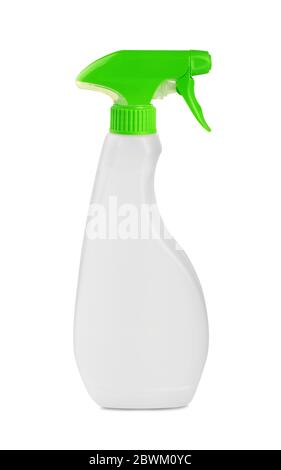 Flacone detergente bianco bianco spray in plastica isolato su fondo bianco Foto Stock