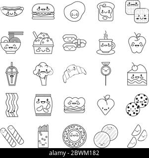 pacchetto di kawaii nutritivi set icone Illustrazione Vettoriale