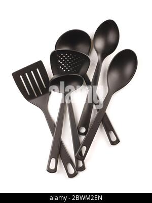 Set di accessori per la cucina. Utensili per cucinare isolati su sfondo bianco Foto Stock