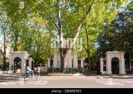 Le porte d'ingresso nord ai Kensington Palace Gardens, Bilionaires Row, da Notting Hill Gate, Londra, Regno Unito Foto Stock