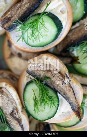 panino profumato con spratti, cetriolo e aneto. vista dall'alto. Foto Stock