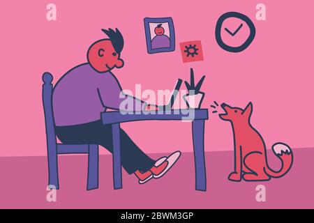 Uomo che lavora al laptop online a casa con il cane. Vettore moderno disegnato a mano in stile naive piatto. Lavoro remoto e freelance durante il periodo di quarantena. Uomo Illustrazione Vettoriale