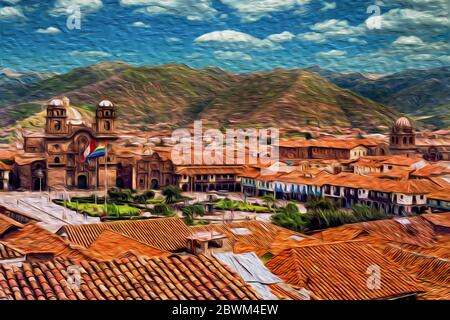 Vista sui tetti e sulla Cattedrale in Plaza de Armas nel centro storico di Cusco. L'antica capitale dell'Impero Inca in Perù. Foto Stock