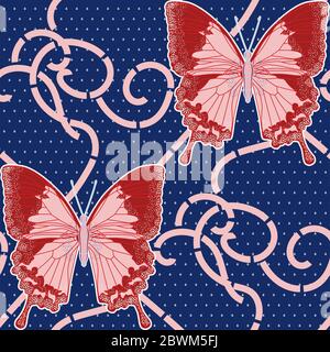 Classico ornamento di farfalle rosse, puntini e fiori su sfondo blu. Ripetizione senza giunture. Illustrazione vettoriale disegnata a mano. Design per tessuti e. Foto Stock