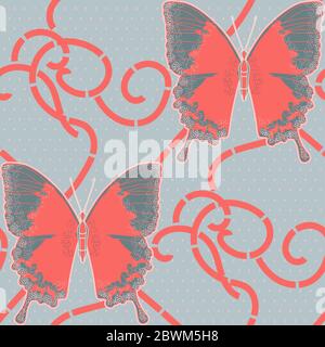 Ornamento classico di farfalle rosse, puntini e fiori su uno sfondo azzurro. Ripetizione senza giunture. Illustrazione vettoriale disegnata a mano. Progettazione per fab Foto Stock