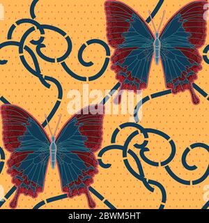 Classico ornamento di farfalle, puntini e fiori su sfondo giallo. Ripetizione senza giunture. Illustrazione vettoriale disegnata a mano. Design per tessuto e w Foto Stock