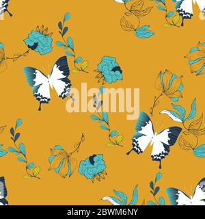 Motivo floreale vettoriale senza cuciture di farfalle e di infiammazioni di fiori in eleganti ricci su uno sfondo di colore giallo ocra. Design delicato per Foto Stock