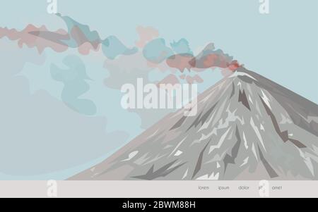 Immagine di un vulcano su sfondo azzurro. L'illustrazione vettoriale è di colore marrone, beige, rosso, rosso cremisi e rosa. eps 10 Foto Stock