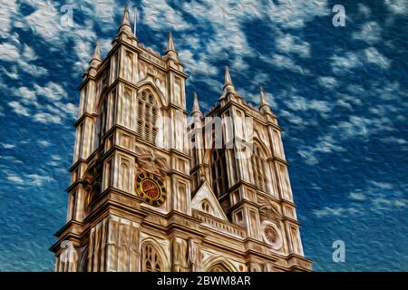 Torri e la facciata dell'Abbazia di Westminster, una grande chiesa principalmente gotica a Londra. Capitale dell'Inghilterra e del Regno Unito. Foto Stock