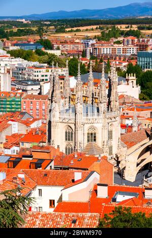 Burgos, Spagna. Vista aerea della cattedrale cattolica in stile gotico di Burgos, Castiglia e Leon, Spagna durante una giornata di sole in estate Foto Stock