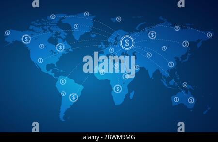 Trasferimenti di denaro in tutto il mondo. Illustrazione vettoriale piatta delle rotte finanziarie sulla mappa mondiale Illustrazione Vettoriale