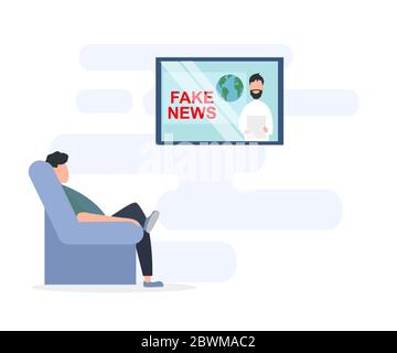 Uomo che guarda notizie false sulla TV a casa, sfondo bianco. Illustrazione vettoriale piatta Illustrazione Vettoriale