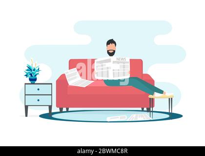 Stile piatto illustrazione vettoriale di uomo che legge giornale su comodo divano in soggiorno Illustrazione Vettoriale