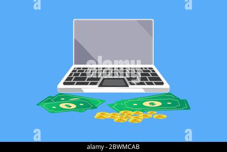Internet Banking. Illustrazione vettoriale di laptop con contanti e monete in giro Illustrazione Vettoriale