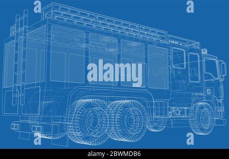 Telaio a filo per camion antincendio. Figura del vettore del motore di fuoco dell'automobile. I livelli delle linee visibili e invisibili sono separati. Formato EPS10. Illustrazione Vettoriale