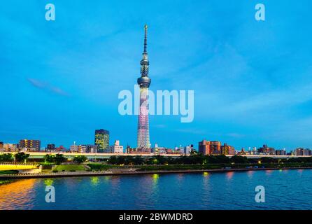TOKYO, GIAPPONE - 9 LUGLIO 2018: Skyline serale, cielo nuvoloso sull'area urbana di Sumida, Tokyo, Giappone con famosi grattacieli. Sera nuvoloso blu s Foto Stock