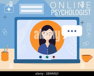 Immagine vettoriale piatta con computer portatile e persona sullo schermo. Illustrazione Vettoriale