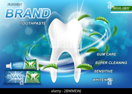 Annunci di concetto di dentifricio menta, isolati su blu. Modello di dente e disegno di pacchetto di prodotto per poster o pubblicità di dentifricio. Illustrazione vettoriale 3d. Illustrazione Vettoriale