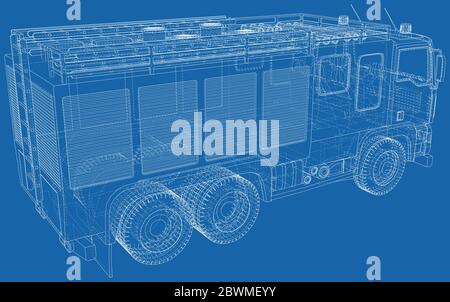 Vettore di illustrazione del motore antincendio. Linea del telaio del filo del camion antincendio isolata. Rendering vettoriale di 3d. Illustrazione Vettoriale