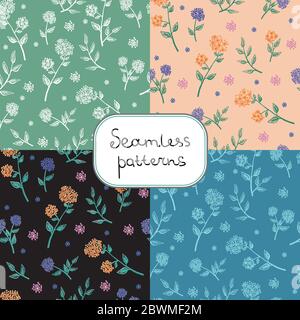 Illustrazione vettoriale Set di quattro motivi decorativi senza giunture con ramoscelli e fiori. Sfondo floreale. Per la carta da parati è possibile utilizzare una texture infinita Illustrazione Vettoriale