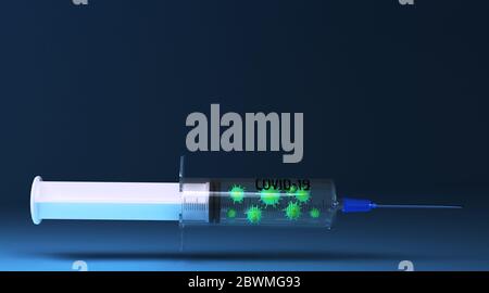 Rendering 3D di una siringa iniettata in un virus corona. rendering 3d Foto Stock