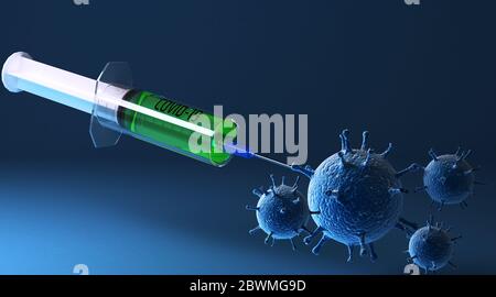 Rendering 3D di una siringa iniettata in un virus corona. rendering 3d Foto Stock