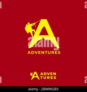 Modello di design del logo Adventures isolato su sfondo rosso marrone. Lettera UN alfabeto, silhouette di montagna e persone climbing logo concetto. Illustrazione Vettoriale