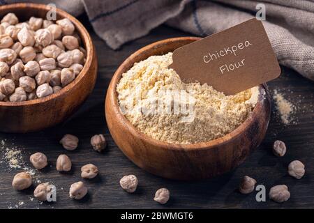 Farina di ceci in una ciotola di legno isolata su fondo bianco Foto Stock