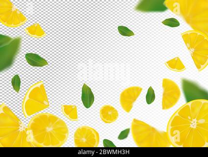 Sfondo limone. Limone volante con foglia verde su sfondo trasparente. Frutti 3D realistici. Limone che cade da angolazioni diverse.illustrazione vettoriale Illustrazione Vettoriale