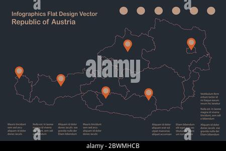 Infografica Austria mappa contorno, disegno piano, colore blu vettore arancione Illustrazione Vettoriale