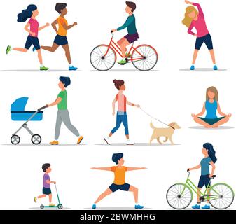 Persone che fanno varie attività all'aperto, isolato. Correre, in bicicletta, in scooter, camminare il cane, allenarsi, meditare, camminare con il carrello del bambino Illustrazione Vettoriale