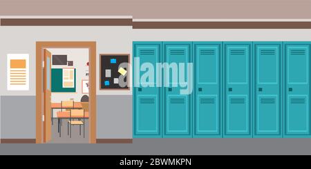 Cartoon Empty School interno e porta aperta in classe, flat vettoriale illustrazione. Illustrazione Vettoriale