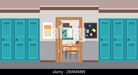 Cartoon Empty School interno e porta aperta in classe, flat vettoriale illustrazione Illustrazione Vettoriale