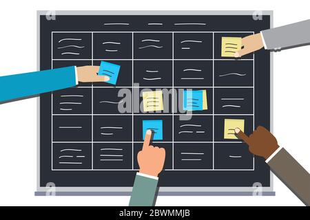 Le iterazioni di pianificazione del team di sviluppo mischia le attività di metodologia su lavagna, lavagna piena di attività su schede di nota adesive, illustrazione vettoriale piatta Illustrazione Vettoriale