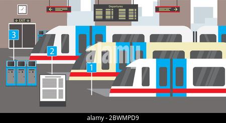 Stazione ferroviaria vuota, concetto di trasporto, illustrazione vettoriale piatta Illustrazione Vettoriale
