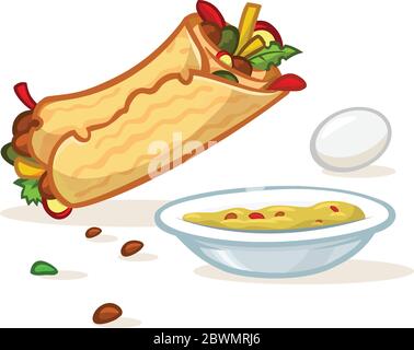 Rotolo di falafel cartoon, piatto con hummus e illustrazione dell'uovo. Icone Street food. Vettore isolato Illustrazione Vettoriale