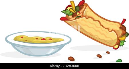 Rotolo di falafel cartoon, piatto con hummus. Icone Street food. Illustrazione vettoriale isolata Illustrazione Vettoriale