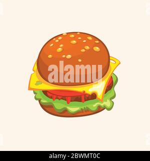 Cartone animato Cheeseburger. Disegno vettoriale di hamburger con formaggio, pomodori, tritate, lattuga, cipolla, cetriolo in stile cartoon piano. Illustrazione per la progettazione Illustrazione Vettoriale
