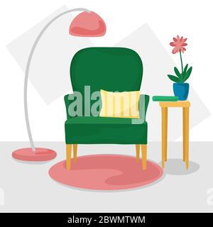 Gli interni sono in stile piatto. Poltrona verde con cuscino, lampada da terra, tavolo con vaso e libro. Vettore Illustrazione Vettoriale