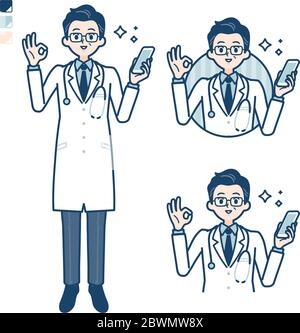 Old Doctor in un camice bianco con tenere uno smartphone e fare un OK segno immagini. È arte vettoriale, quindi è facile da modificare. Illustrazione Vettoriale