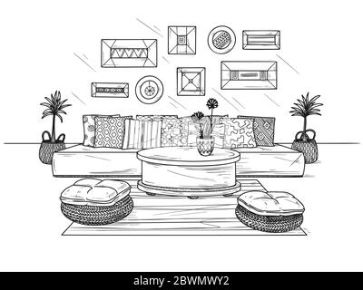 Abbozzate un accogliente soggiorno in stile boho. Divano, tavolo e vari elementi decorativi. Illustrazione vettoriale nello stile di schizzo. Illustrazione Vettoriale