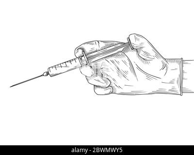 Il medico o lo scienziato mani in guanti di lattice. Mani in guanti sterili che tengono la siringa. Illustrazione vettoriale nello stile di schizzo. Illustrazione Vettoriale